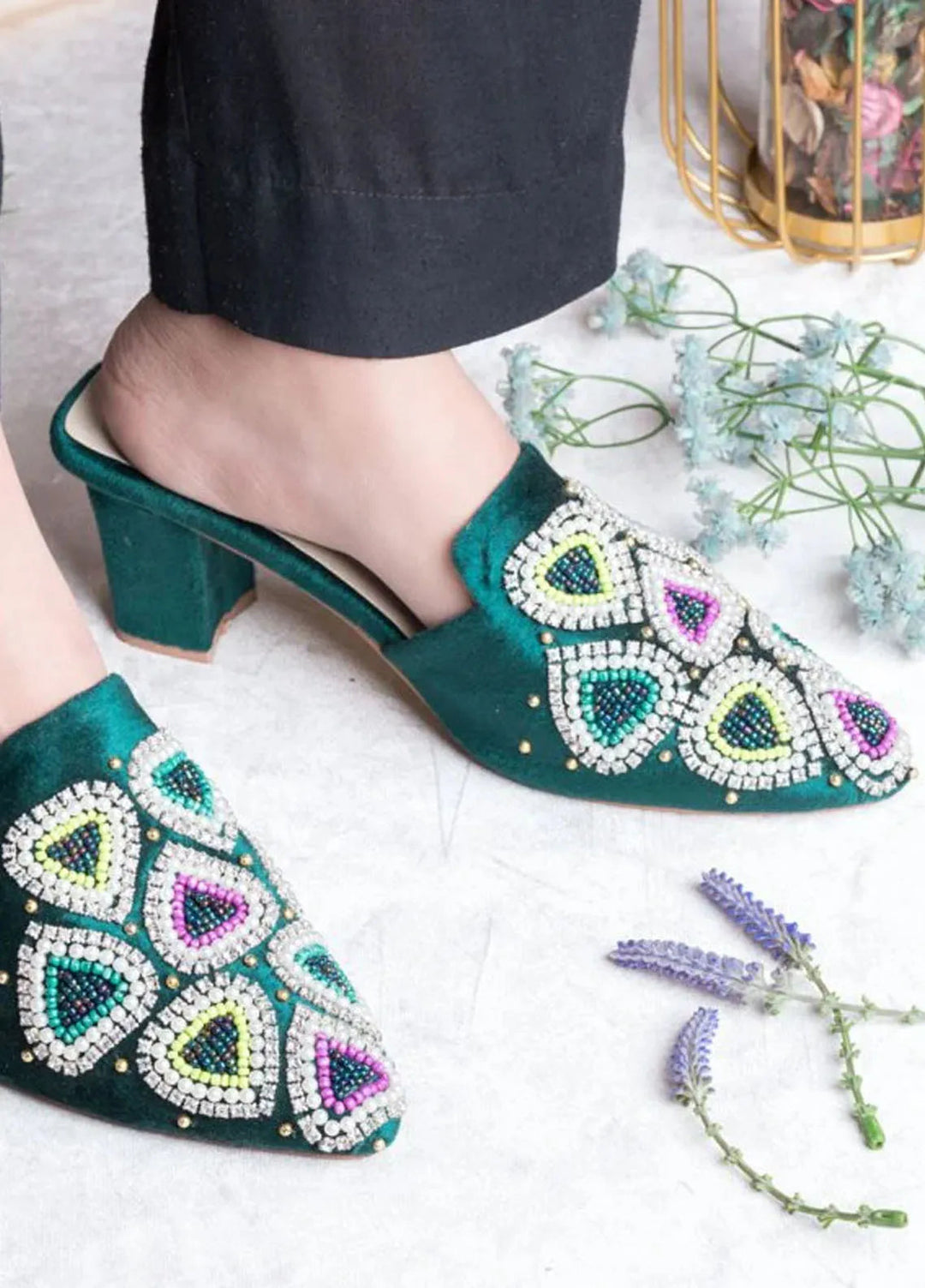 Zuruj Festive Style Heel Mules HM-255-Green