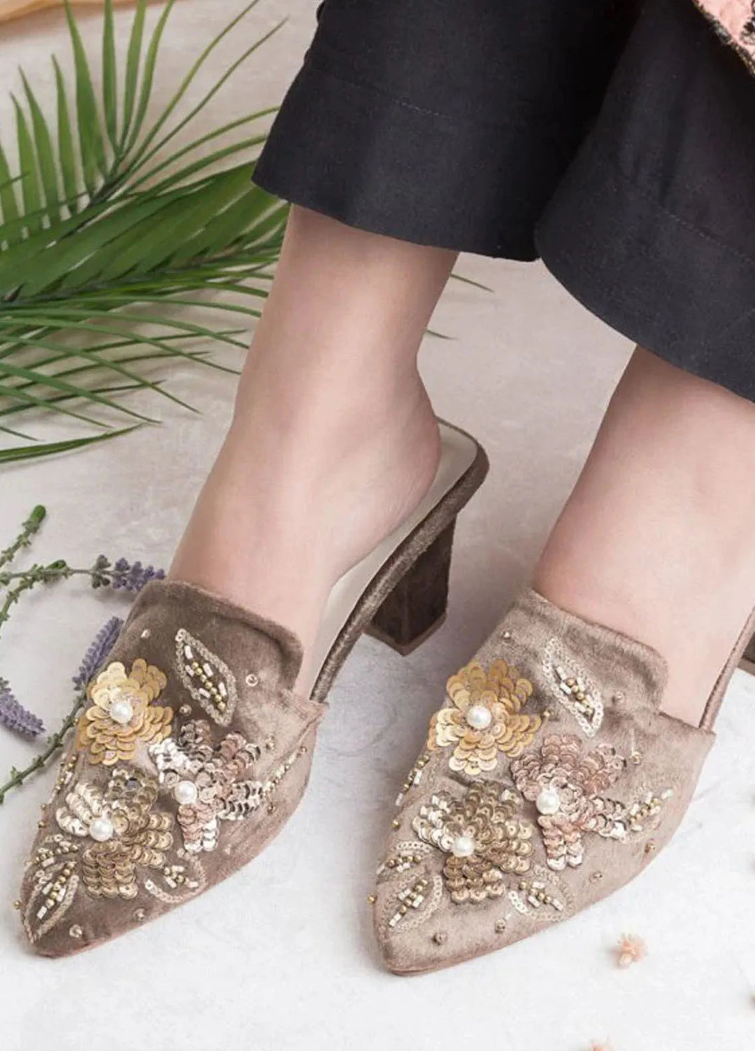 Zuruj Festive Style Heel Mules HM-256-Chickoo