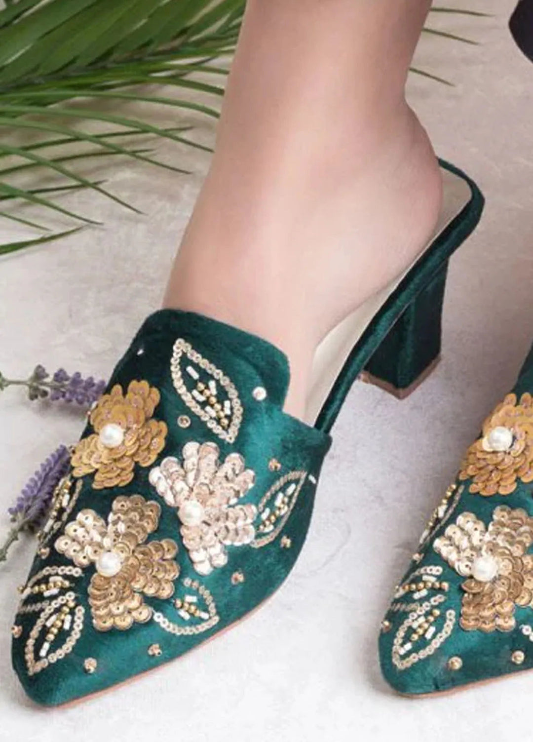 Zuruj Festive Style Heel Mules HM-256-Green