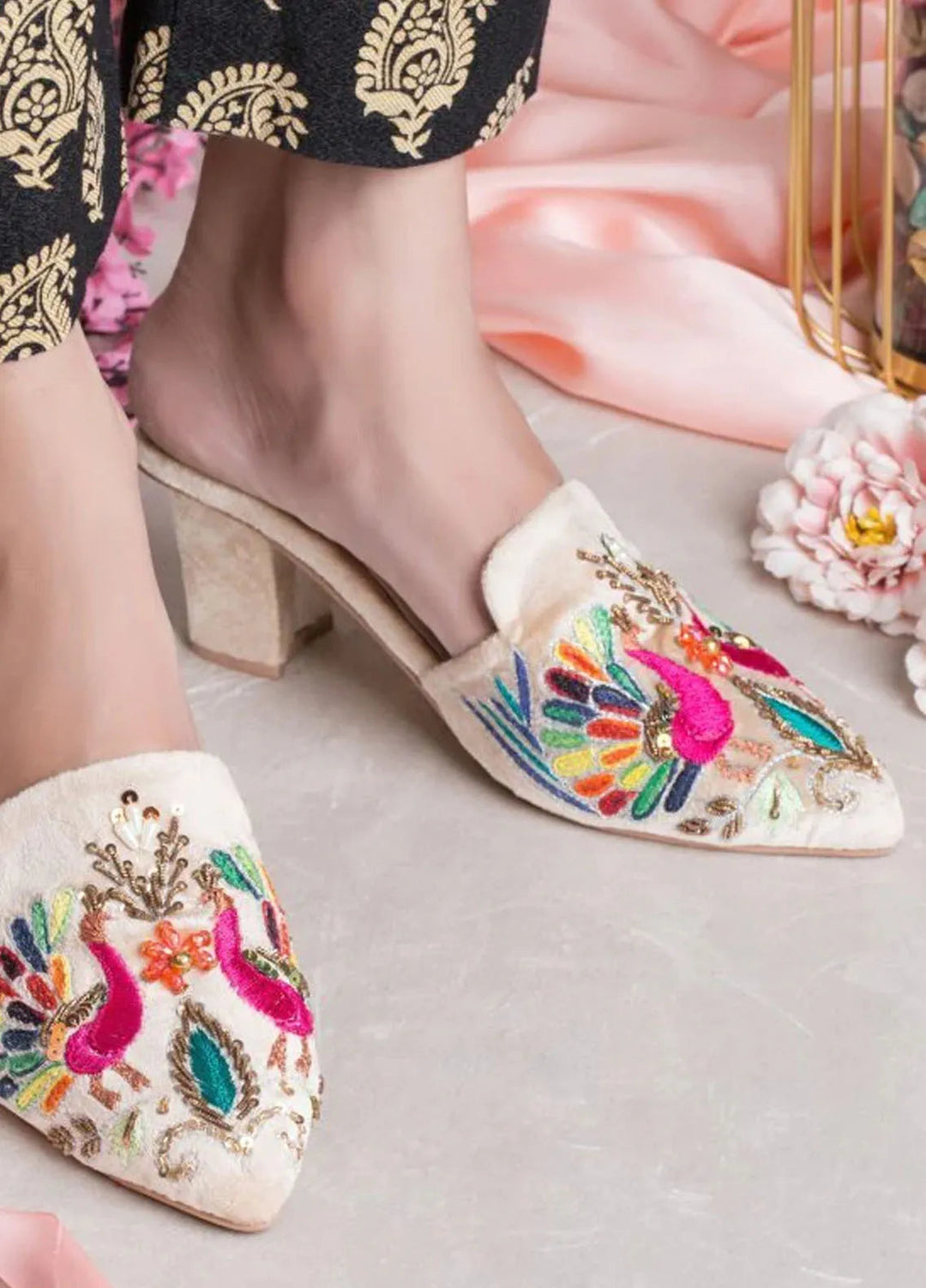 Zuruj Festive Style Heel Mules HM-40-Cream