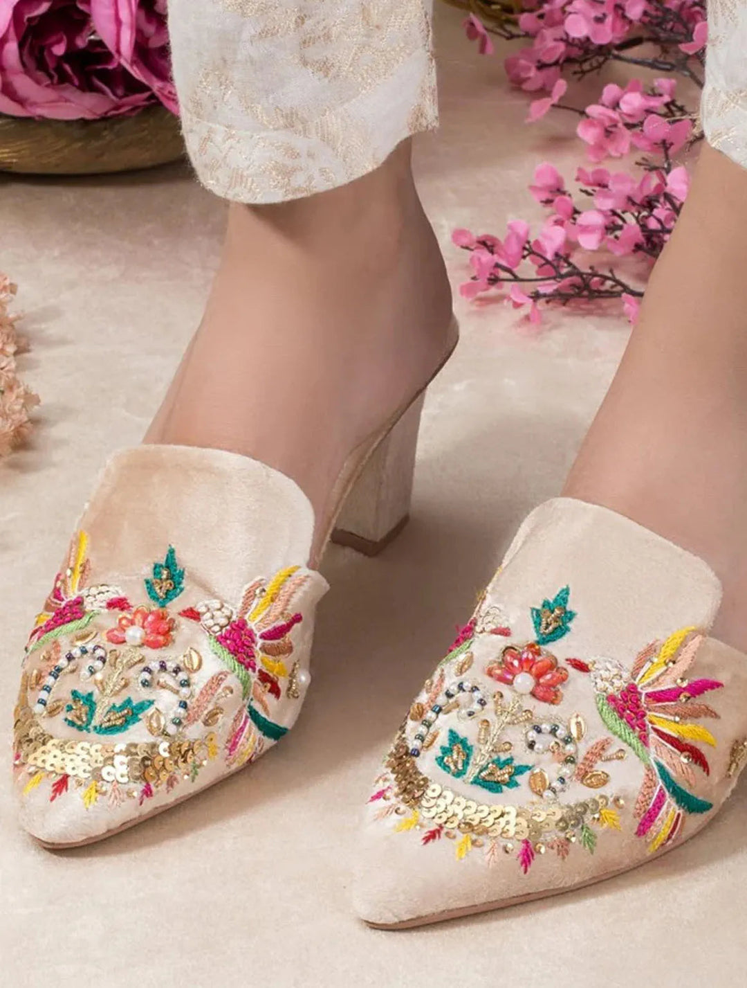 Zuruj Festive Style Heel Mules HM-41-Cream