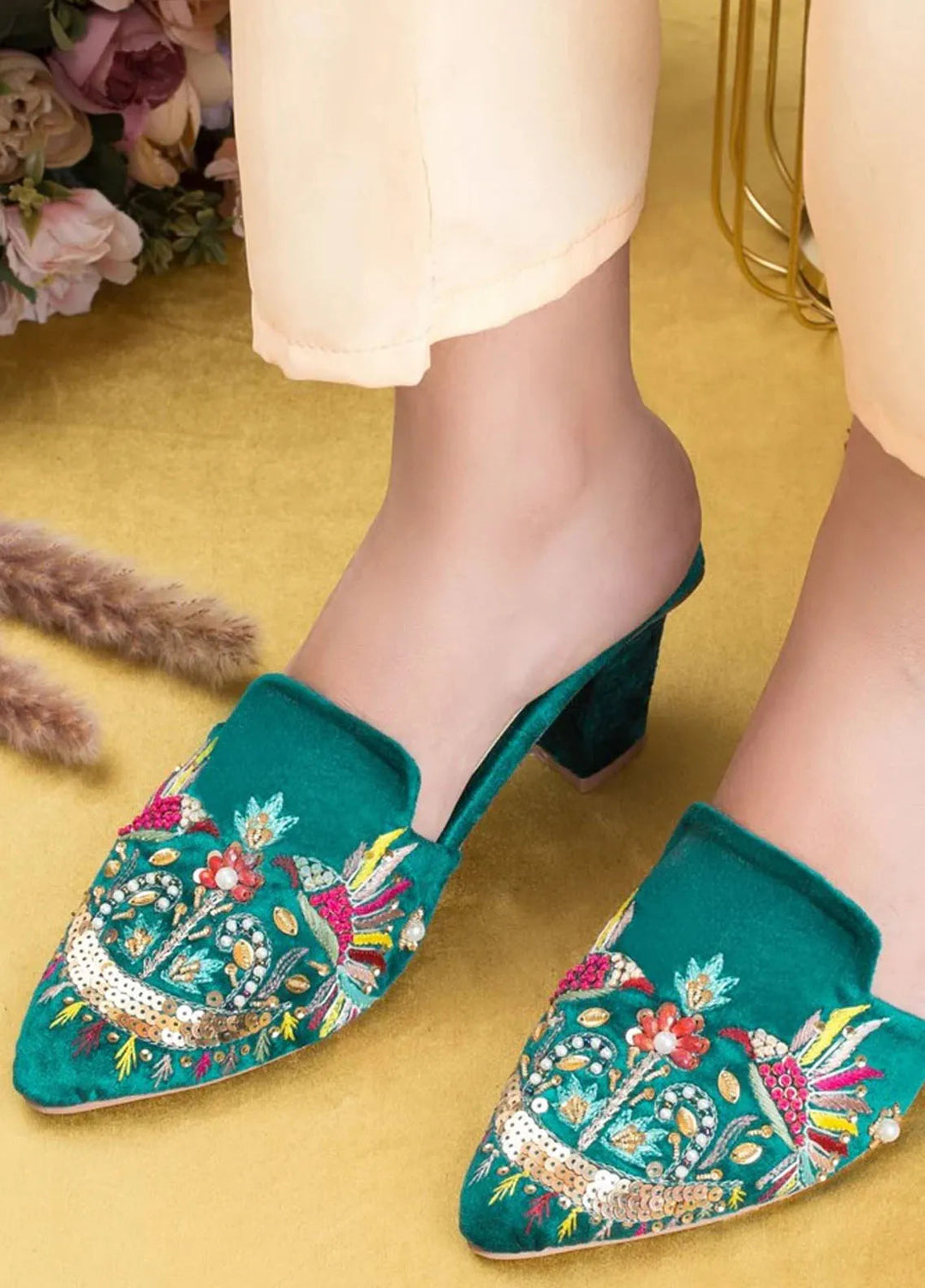 Zuruj Festive Style Heel Mules HM-41-Green