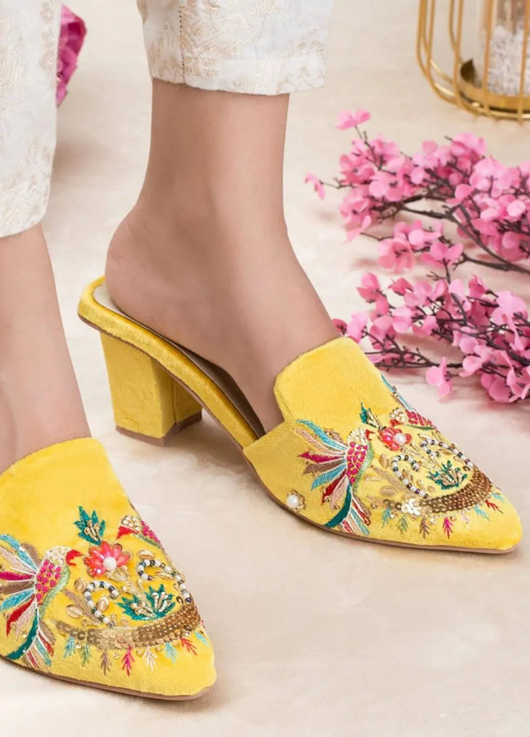 Zuruj Festive Style Heel Mules HM-41-Yellow