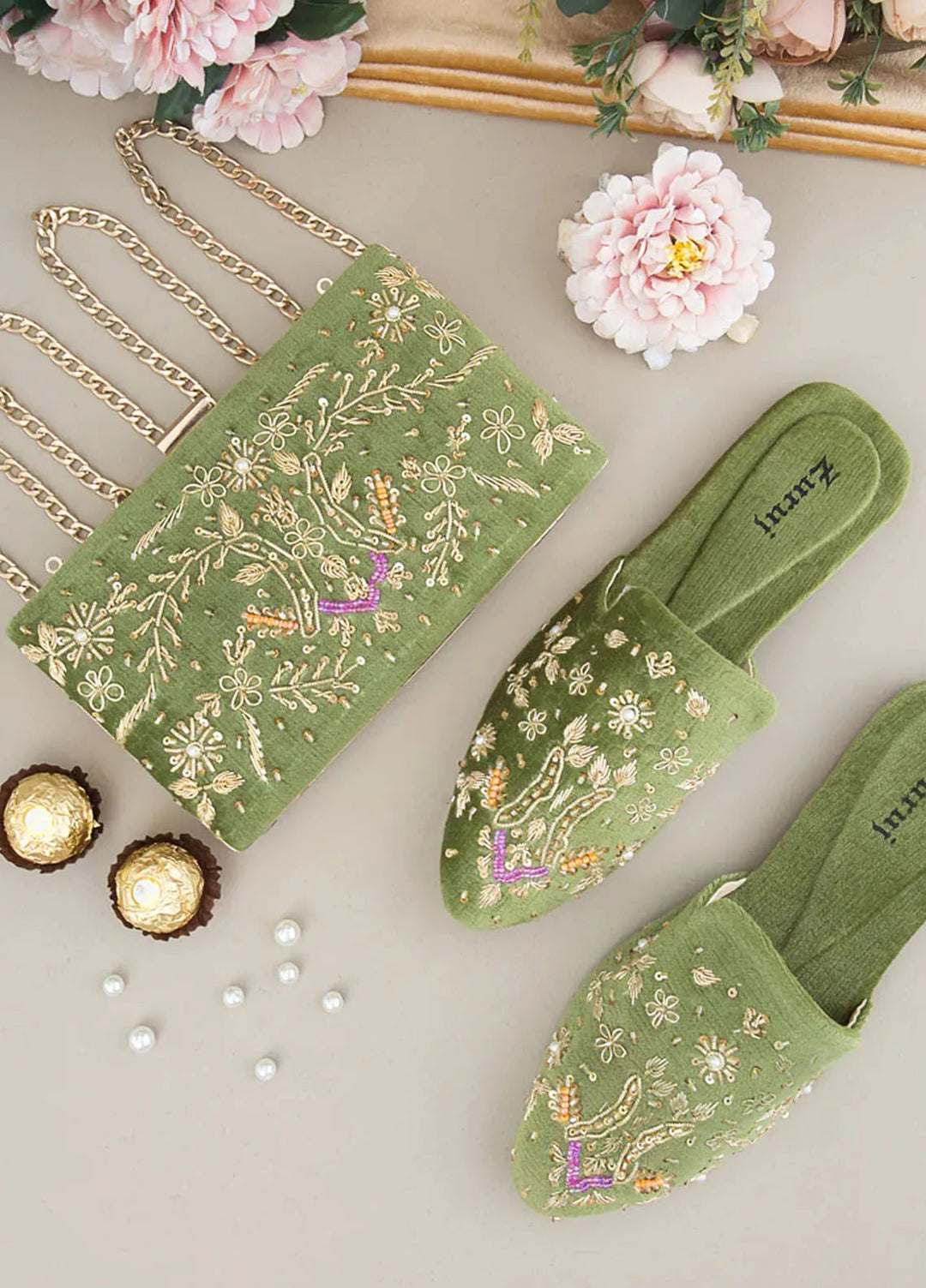 Zuruj Festive Style Mules x Clutch MC-237-Mehandi