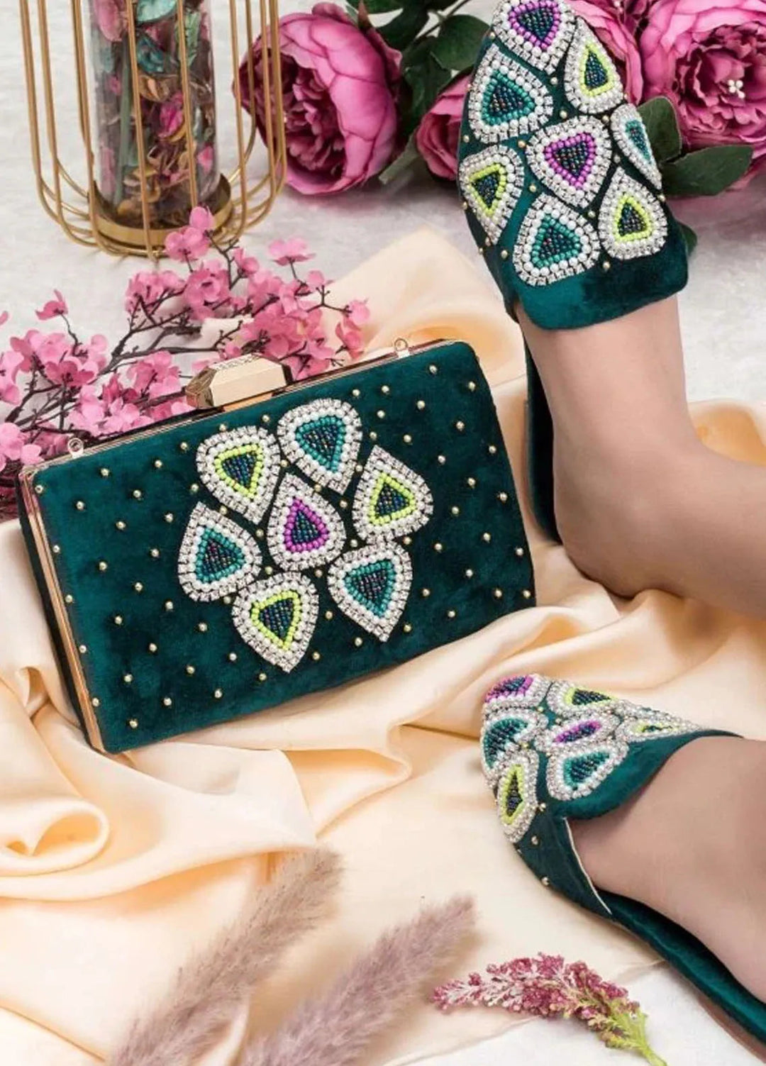 Zuruj Festive Style Mules x Clutch MC-255-Green