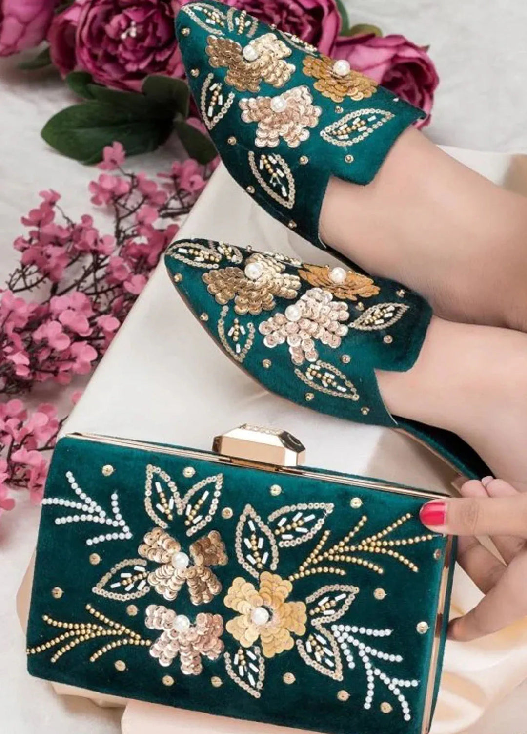 Zuruj Festive Style Mules x Clutch MC-256-Green