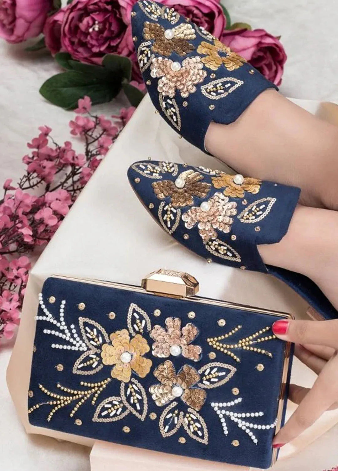 Zuruj Festive Style Mules x Clutch MC-256-Navy Blue