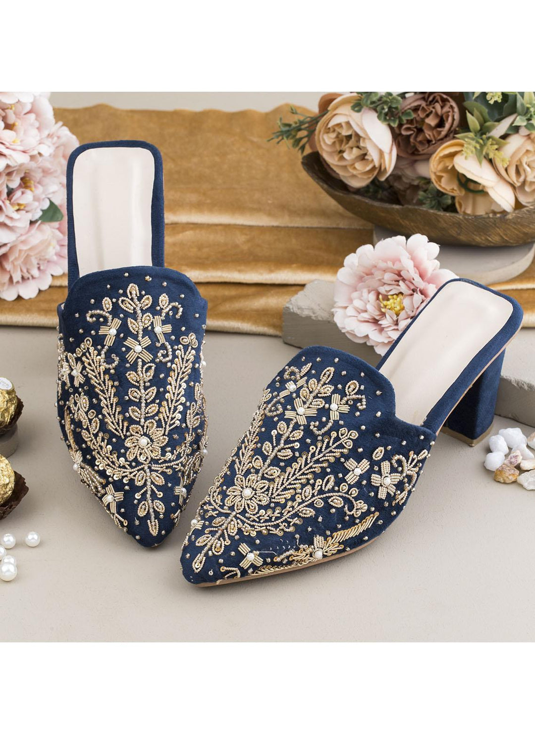 Zuruj Luxury Style Heel Mules ZJ23H HM-240-NAVY BLUE