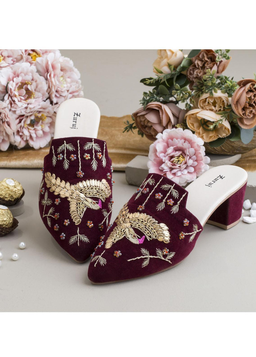 Zuruj Luxury Style Heel Mules ZJ23H HM-94-maroon