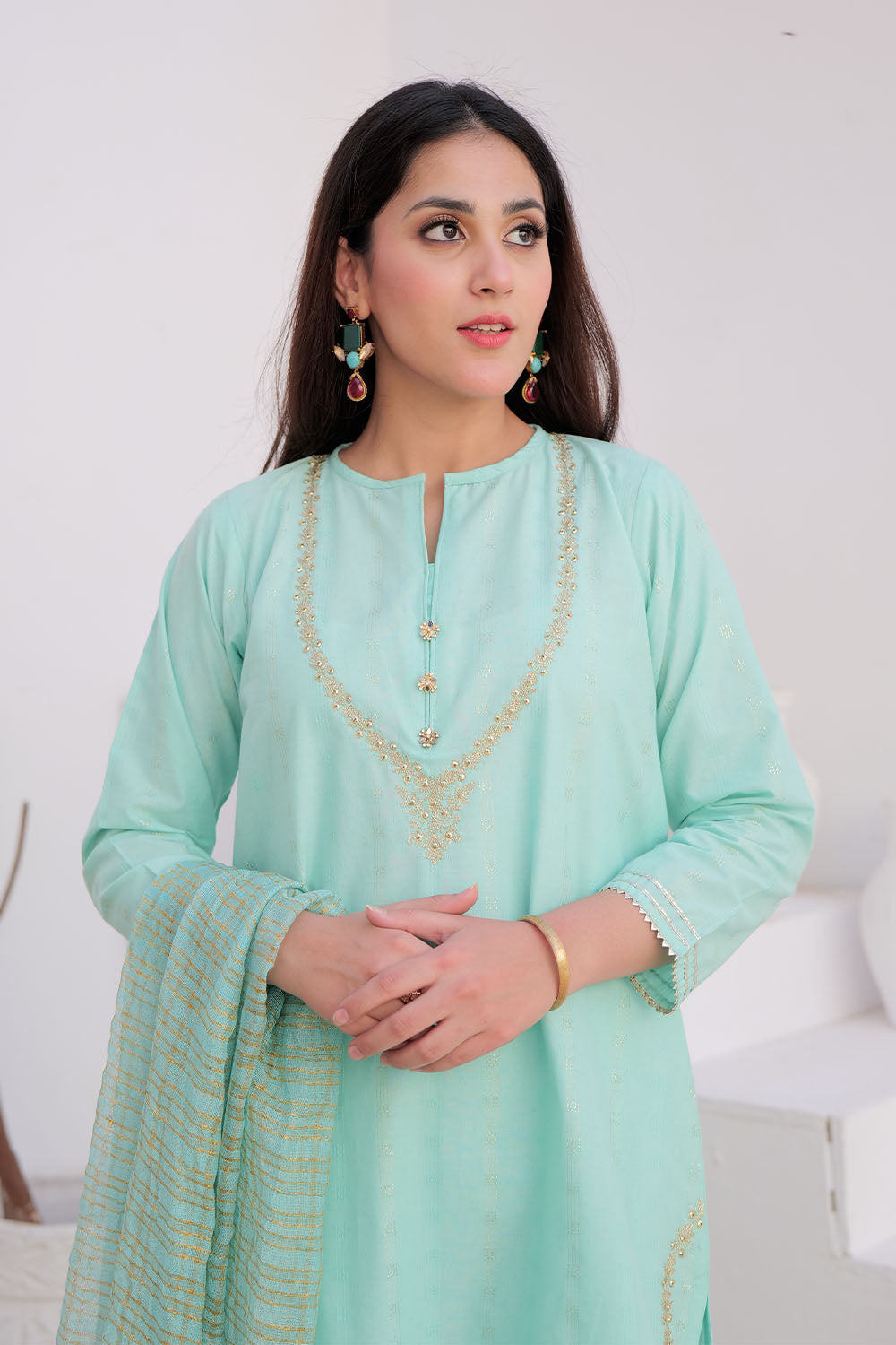 LBD-02971 | Light Sea Green & Gold | Casual Plus 3 Piece Suit | Cotton Dobby