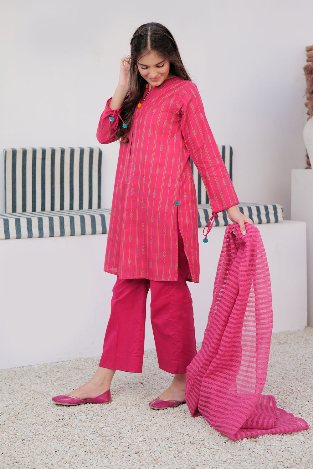 Senorita Girls Ready to Wear Girls Shocking Pink and Multicolor Casual 3 Piece Suit Cotton Yarn dyed Jacquard Solids GAD-02989 - Summer Collection