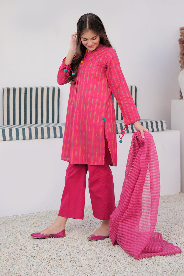 Senorita Girls Ready to Wear Girls Shocking Pink and Multicolor Casual 3 Piece Suit Cotton Yarn dyed Jacquard Solids GAD-02989 - Summer Collection