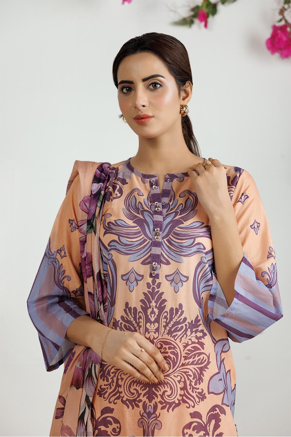 Senorita Women RTW Women Peach and Multicolor Casual 3 Piece Suit Cotton Lawn Printed LAD-03100 - Summer Collection