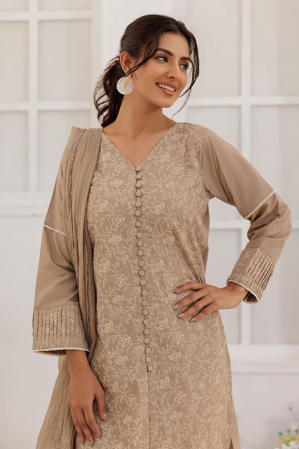 Senorita Women RTW Women Solids Beige and Fawn Casual Plus 3 Piece Suit Plain Cotton LBD-03087 - Summer Collection