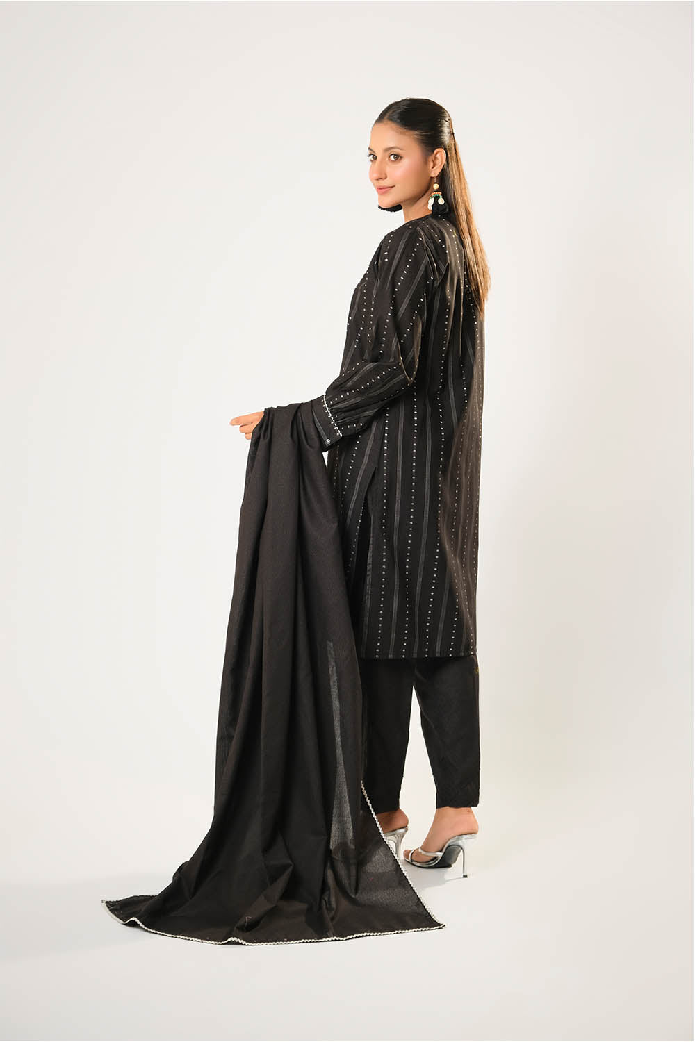 Senorita Women RTW Women Printed Black and Silver Casual 3 Piece Suit Cotton Karandi Dobby LAD-03210 - Winter Collection