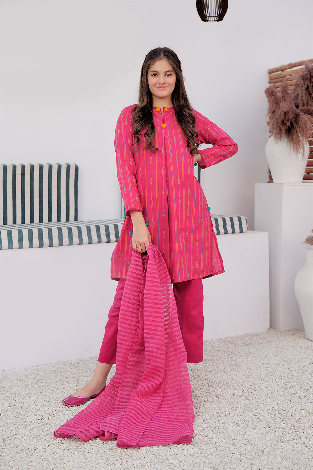 Senorita Girls Ready to Wear Girls Shocking Pink and Multicolor Casual 3 Piece Suit Cotton Yarn dyed Jacquard Solids GAD-02989 - Summer Collection