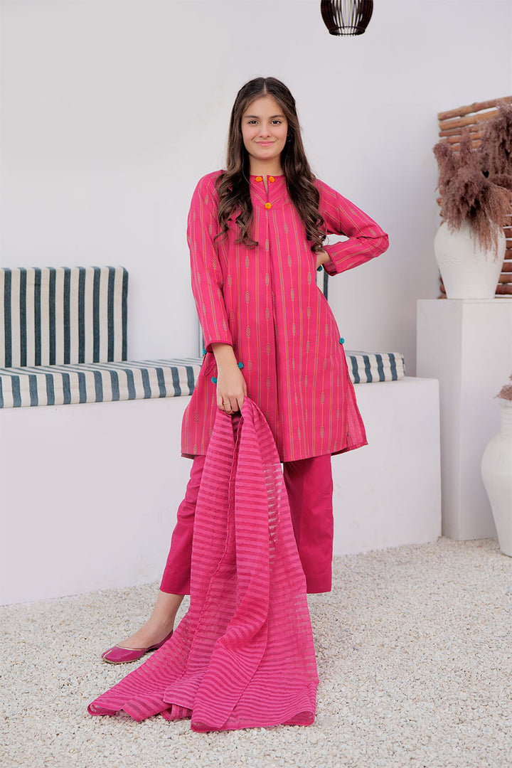 Senorita Girls Ready to Wear Girls Shocking Pink and Multicolor Casual 3 Piece Suit Cotton Yarn dyed Jacquard Solids GAD-02989 - Summer Collection