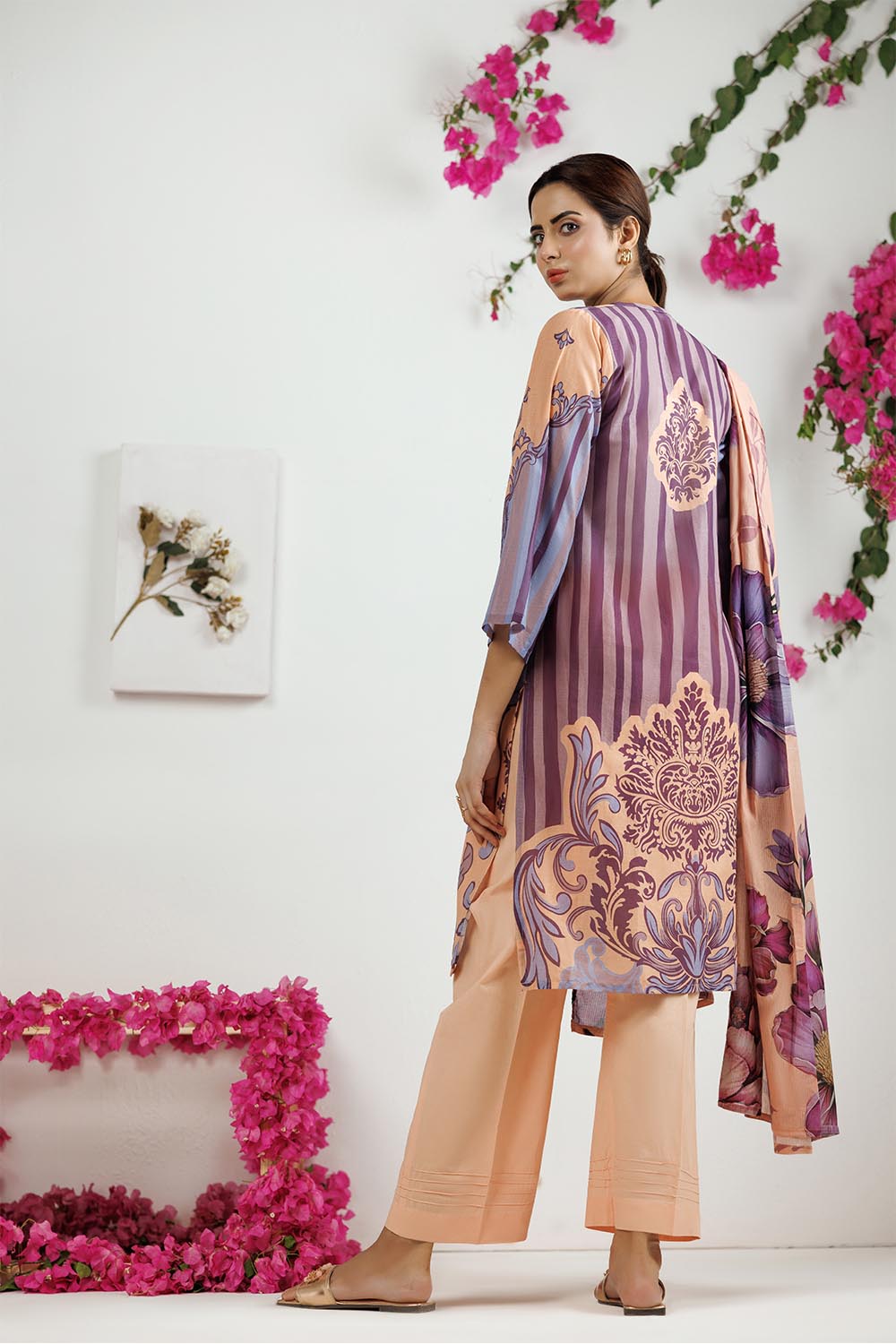 Senorita Women RTW Women Peach and Multicolor Casual 3 Piece Suit Cotton Lawn Printed LAD-03100 - Summer Collection