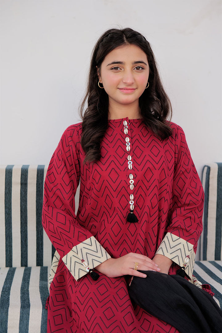 Senorita Girls Ready to Wear Girls Red and Black Casual 3 Piece Suit Cotton Jacquard Solids GAD-03004 - Summer Collection