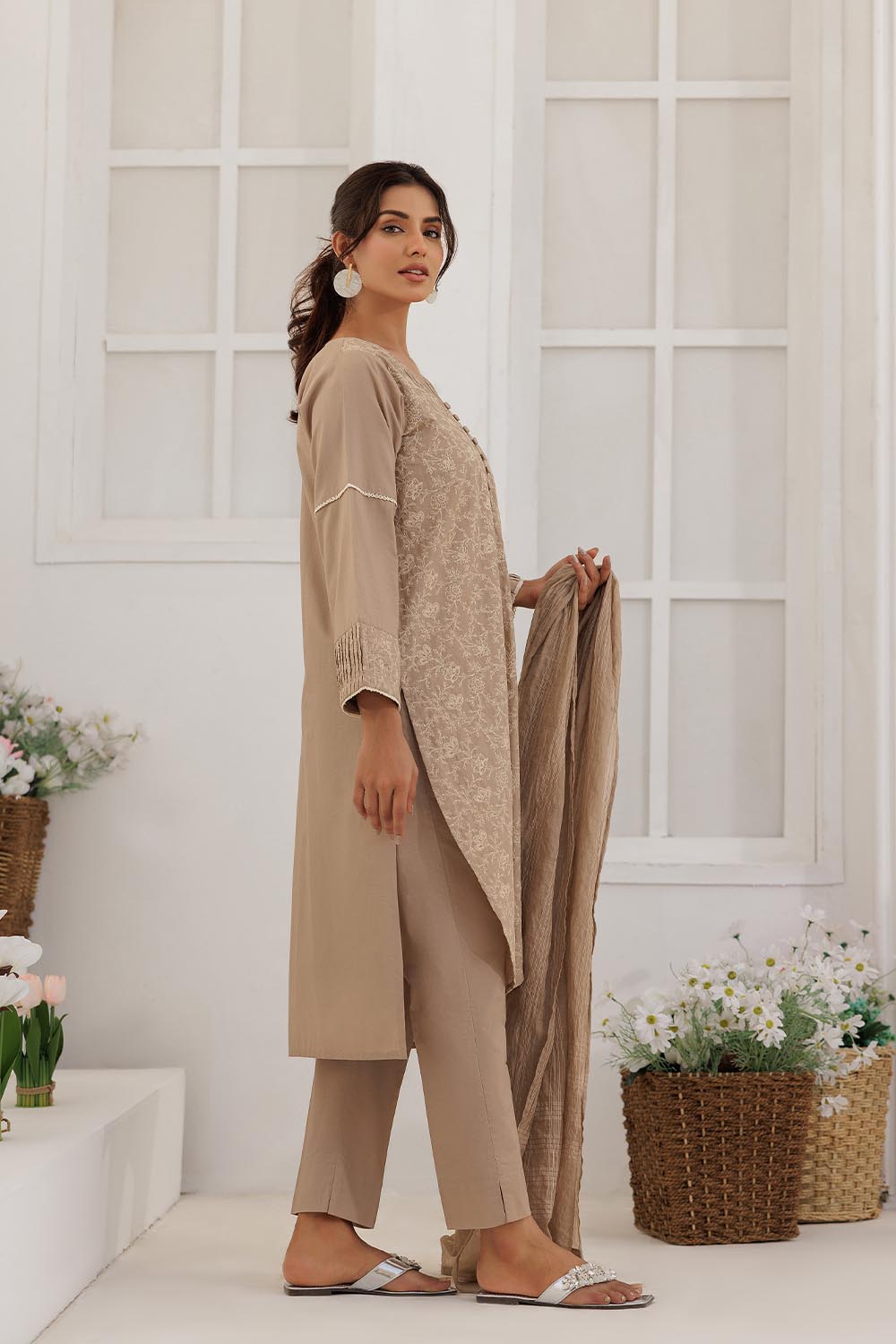 Senorita Women RTW Women Solids Beige and Fawn Casual Plus 3 Piece Suit Plain Cotton LBD-03087 - Summer Collection