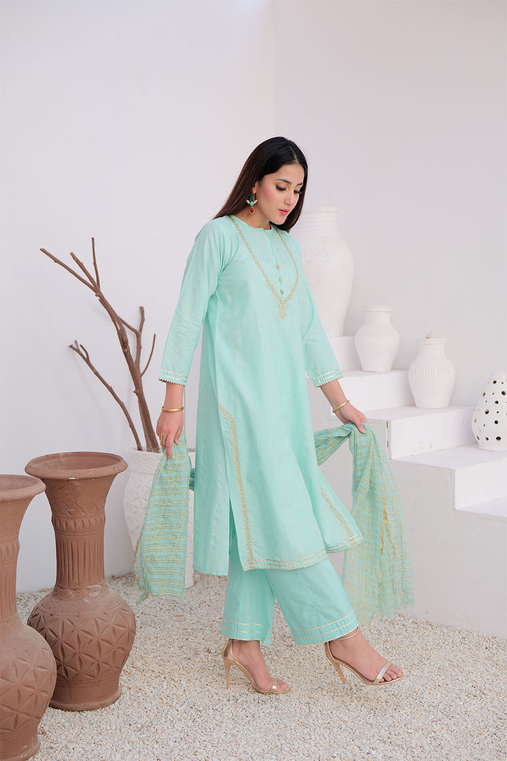 LBD-02971 | Light Sea Green & Gold | Casual Plus 3 Piece Suit | Cotton Dobby