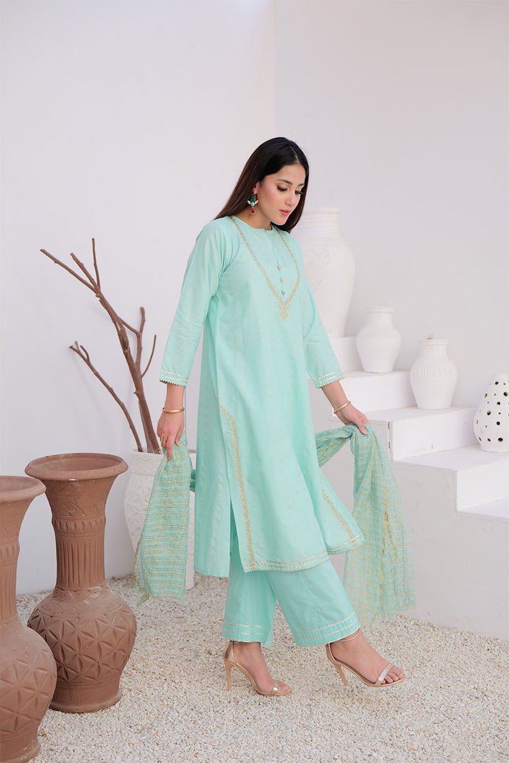 LBD-02971 | Light Sea Green & Gold | Casual Plus 3 Piece Suit | Cotton Dobby