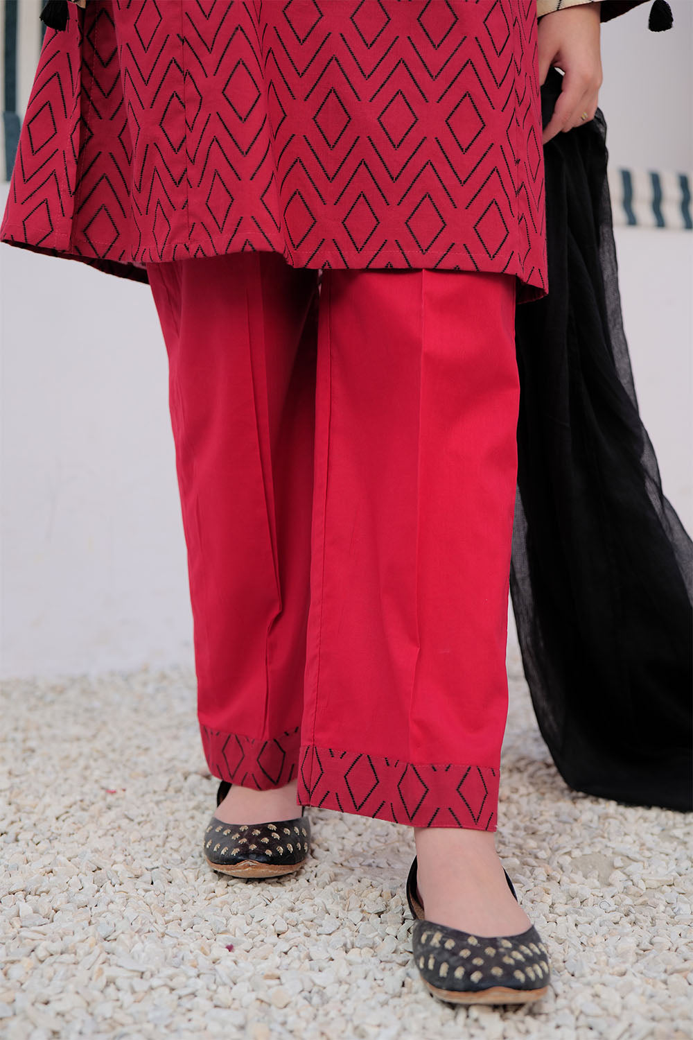 Senorita Girls Ready to Wear Girls Red and Black Casual 3 Piece Suit Cotton Jacquard Solids GAD-03004 - Summer Collection