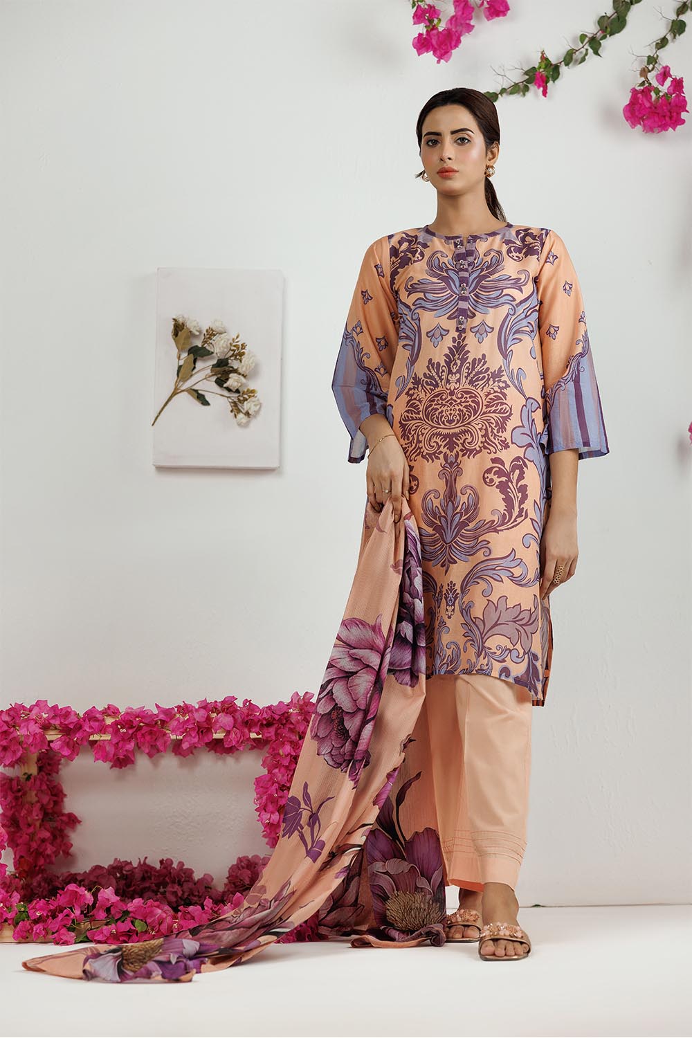 Senorita Women RTW Women Peach and Multicolor Casual 3 Piece Suit Cotton Lawn Printed LAD-03100 - Summer Collection