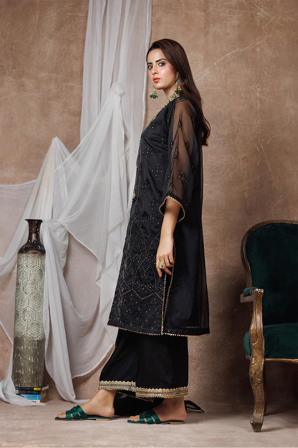 Senorita Women RTW Women Solids Black and Multicolor Formal 3 Piece Suit Banarsi Organza Plain Nylon LDD-03092 - Winter Collection