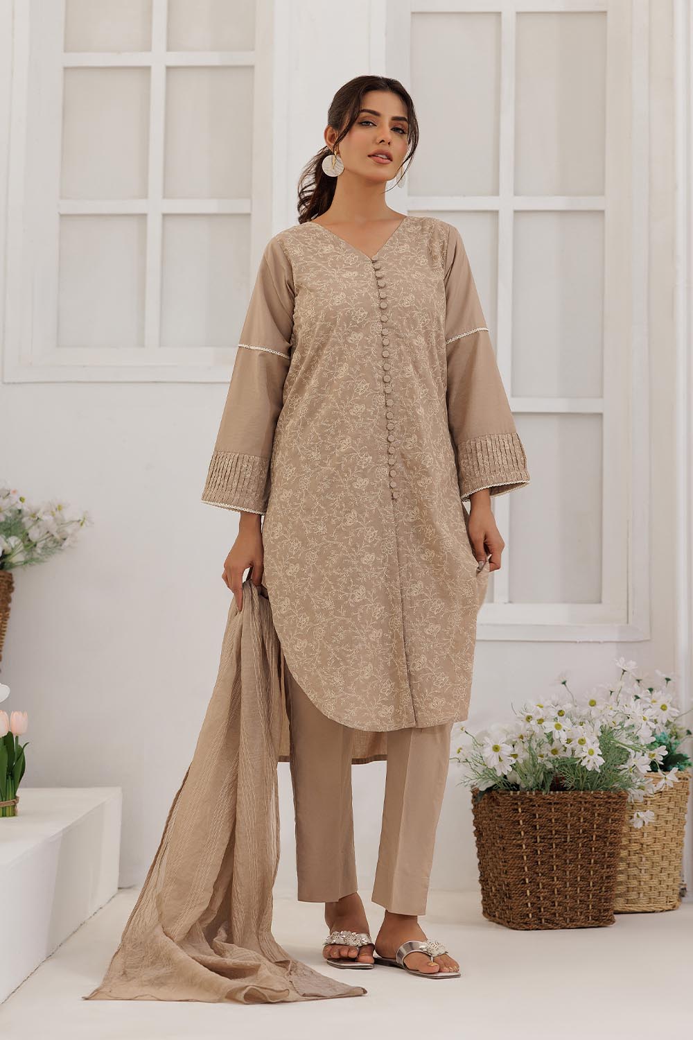 Senorita Women RTW Women Solids Beige and Fawn Casual Plus 3 Piece Suit Plain Cotton LBD-03087 - Summer Collection
