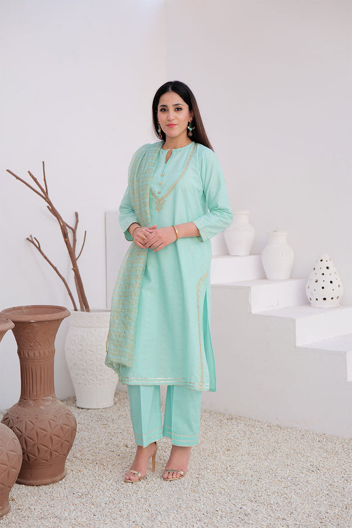 LBD-02971 | Light Sea Green & Gold | Casual Plus 3 Piece Suit | Cotton Dobby