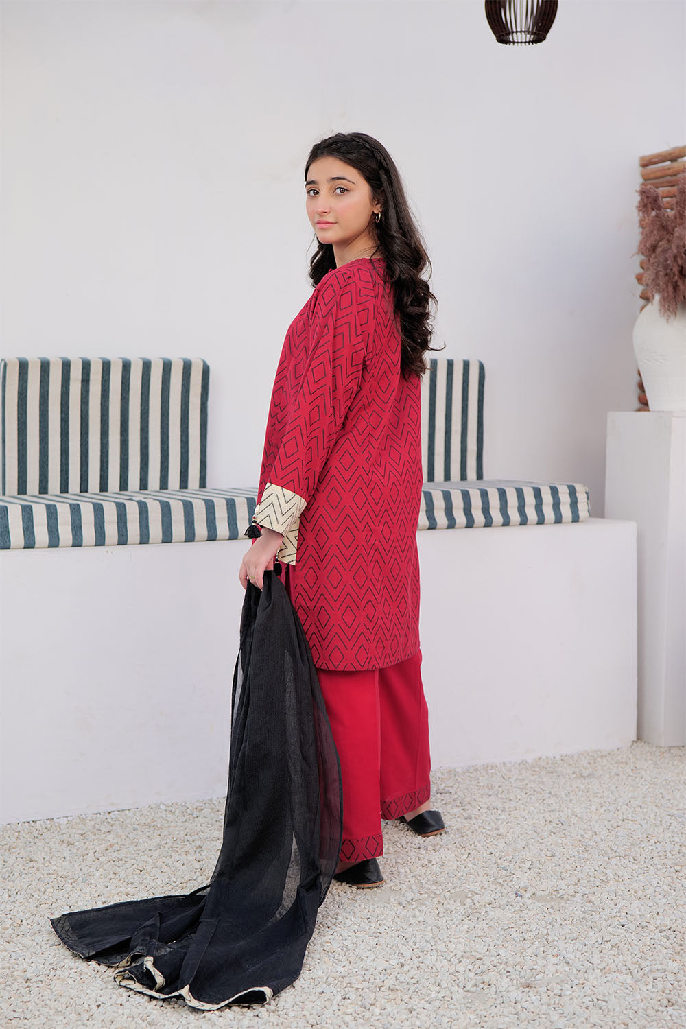 Senorita Girls Ready to Wear Girls Red and Black Casual 3 Piece Suit Cotton Jacquard Solids GAD-03004 - Summer Collection