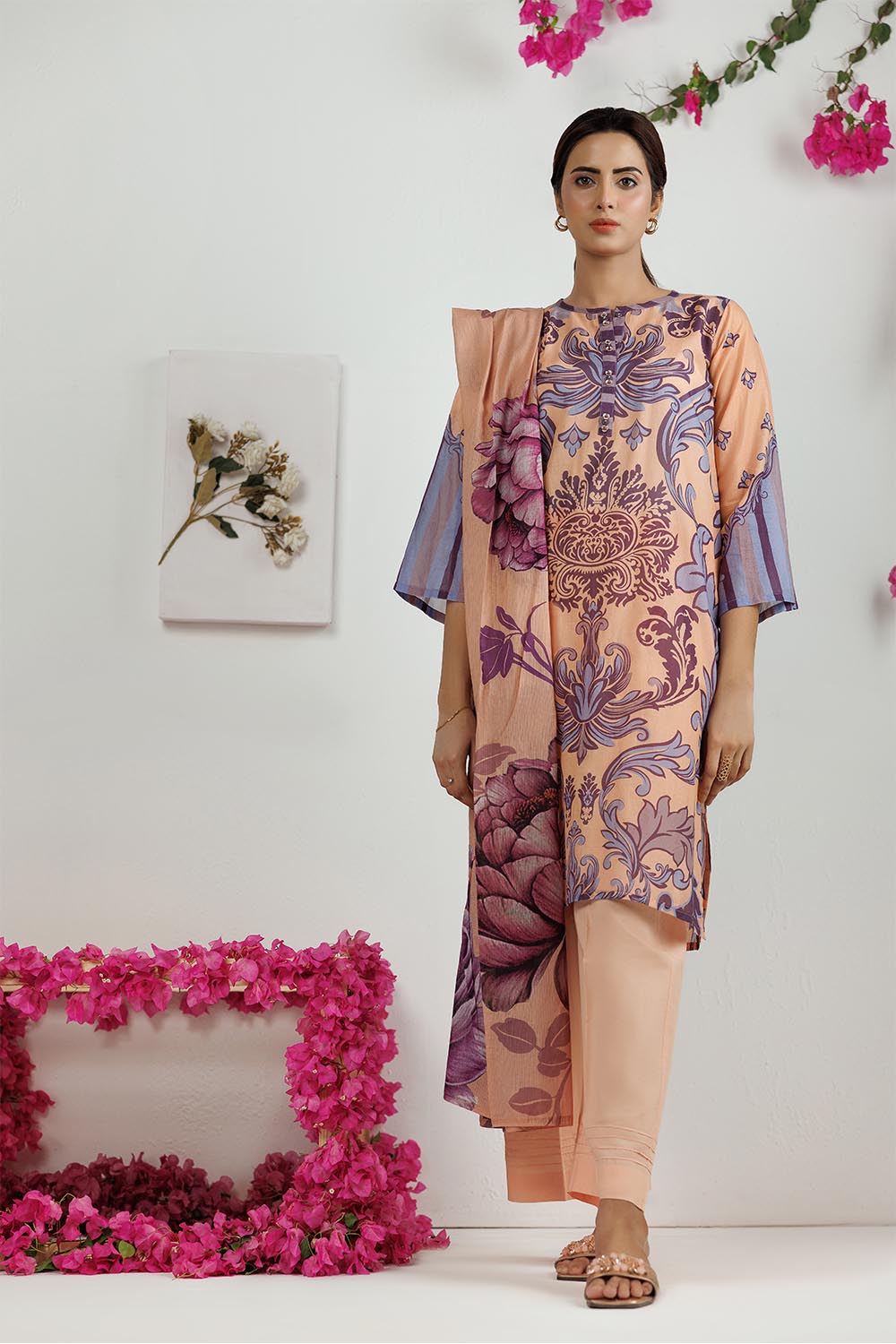 Senorita Women RTW Women Peach and Multicolor Casual 3 Piece Suit Cotton Lawn Printed LAD-03100 - Summer Collection