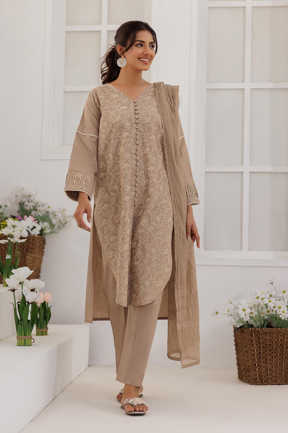 Senorita Women RTW Women Solids Beige and Fawn Casual Plus 3 Piece Suit Plain Cotton LBD-03087 - Summer Collection