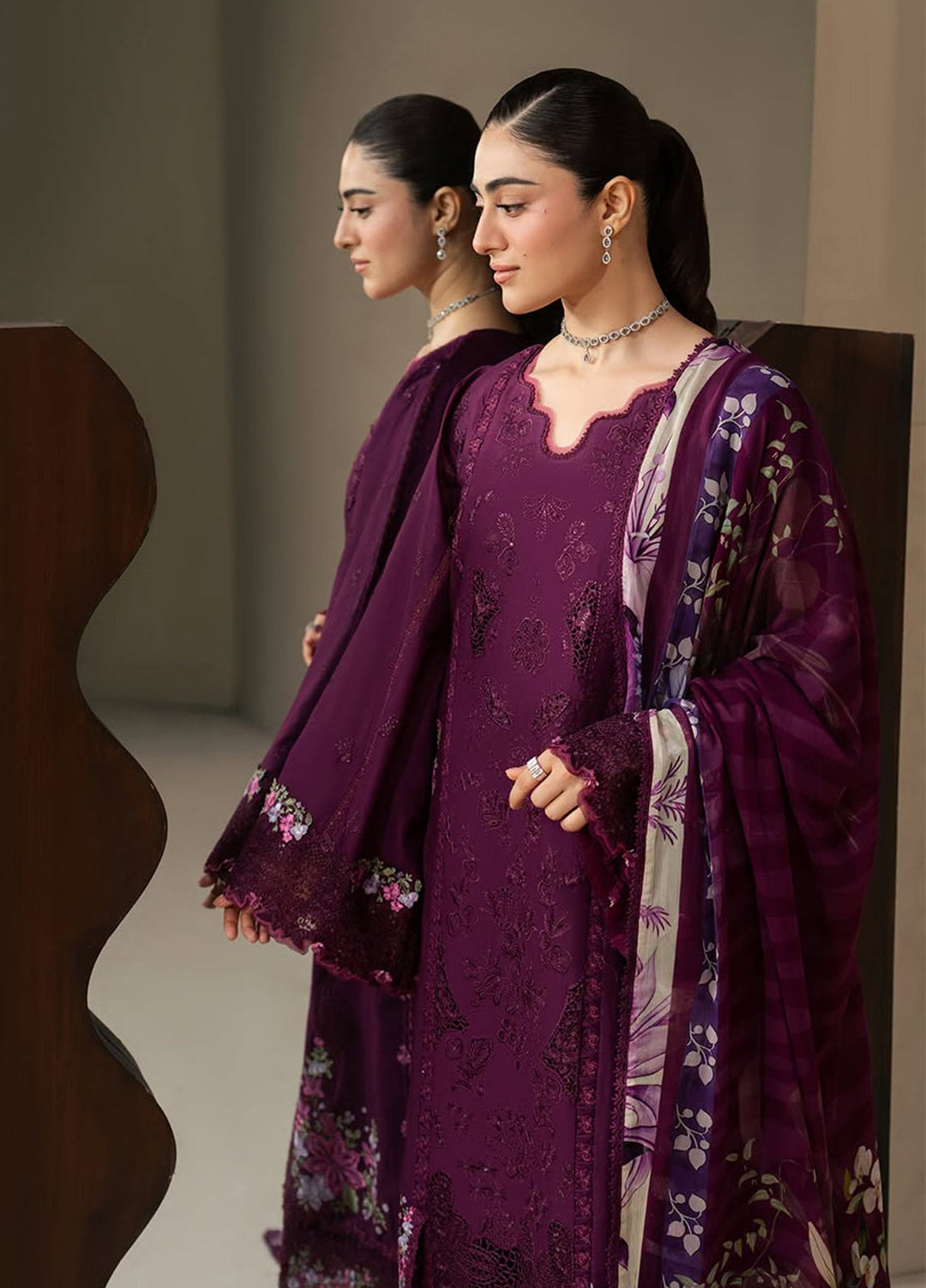 E-Craft by Elaf Unstitched Embroidered Lawn 3 Piece Suit EHC-2B Cassis - Casual Collection