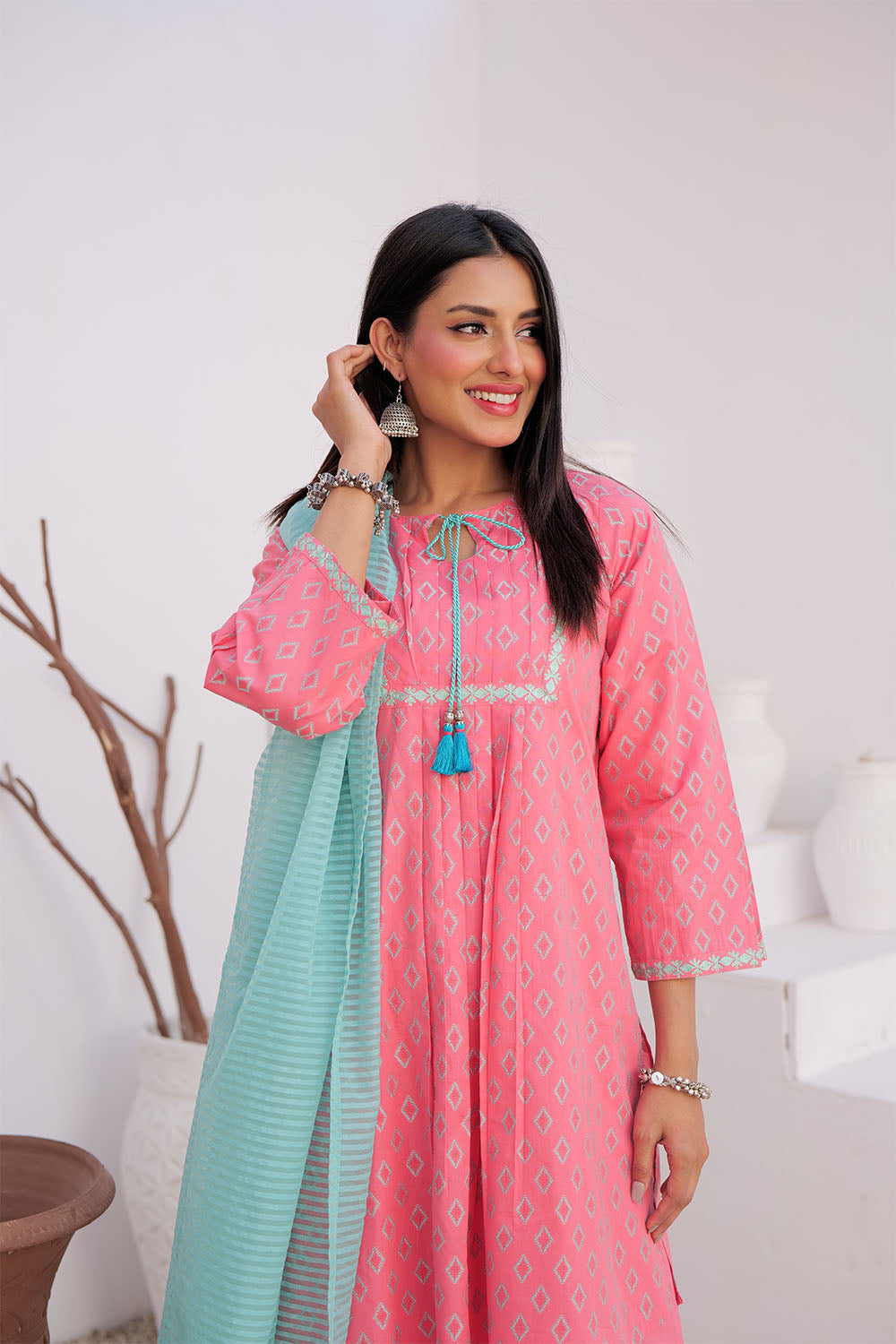 Senorita Women RTW Women Printed T. Pink and Sea Green Casual 3 Piece Suit Cotton Jacquard LAD-02966 - Summer Collection