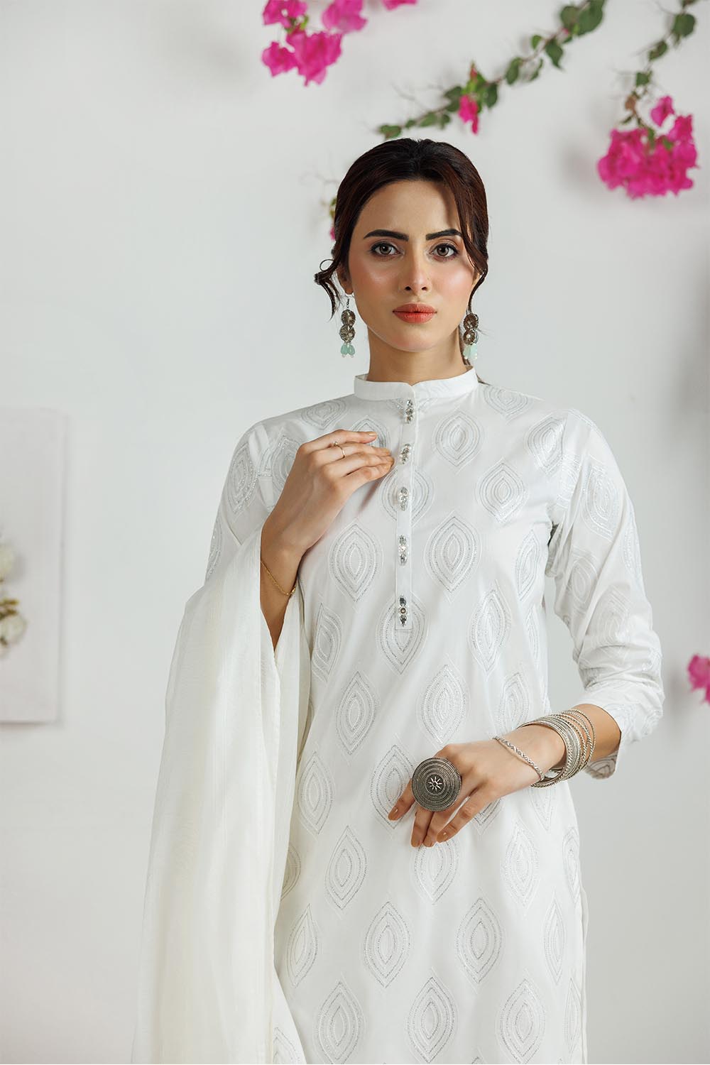 Senorita Women RTW Women Printed White and silver Casual 3 Piece Suit Plain Cotton LAD-03114 - Summer Collection