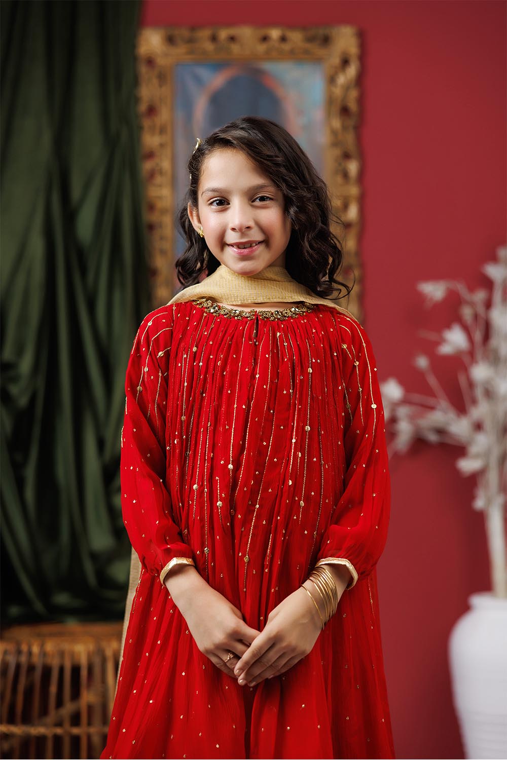 Senorita Kids RTW Kids formal clothes Red and Gold Formal 3 Piece Suit Viscose Crinkle Chiffon KDD-03068 - Summer Collection