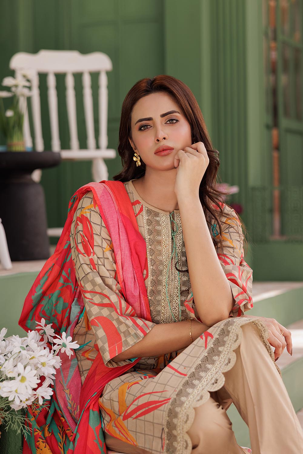 Senorita Women RTW Women Fawn and Multicolor Casual 3 Piece Suit Cotton Lawn Printed LAD-03039 - Summer Collection