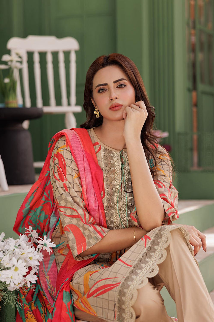 Senorita Women RTW Women Fawn and Multicolor Casual 3 Piece Suit Cotton Lawn Printed LAD-03039 - Summer Collection