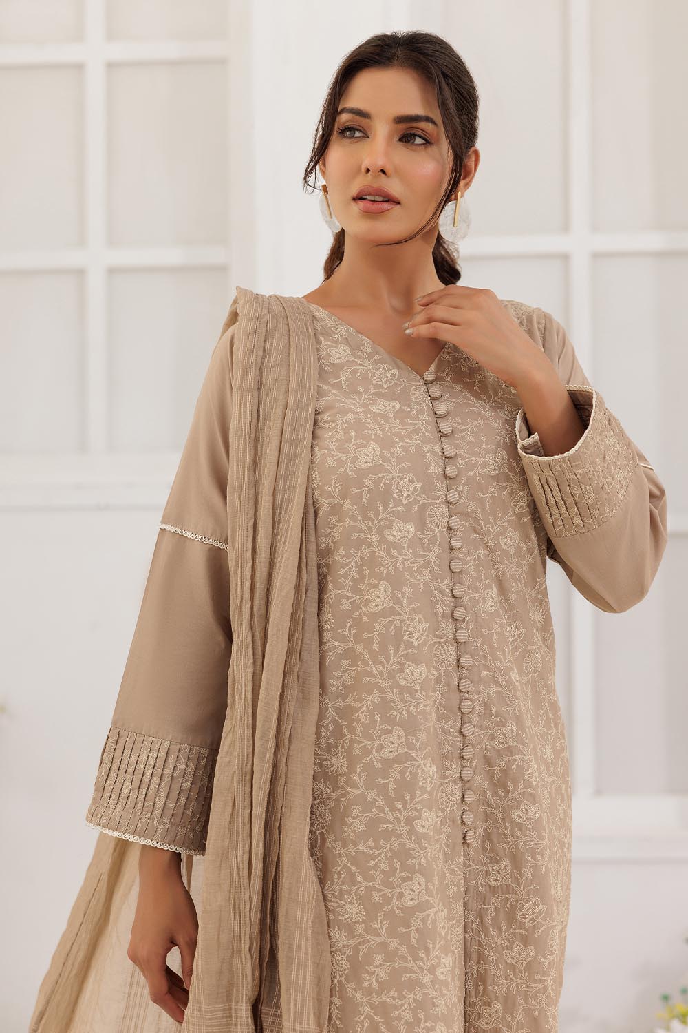 Senorita Women RTW Women Solids Beige and Fawn Casual Plus 3 Piece Suit Plain Cotton LBD-03087 - Summer Collection