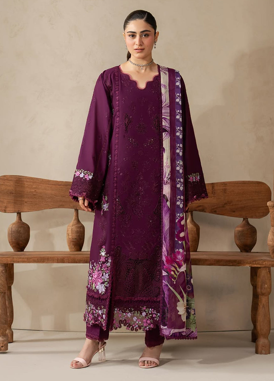 E-Craft by Elaf Unstitched Embroidered Lawn 3 Piece Suit EHC-2B Cassis - Casual Collection