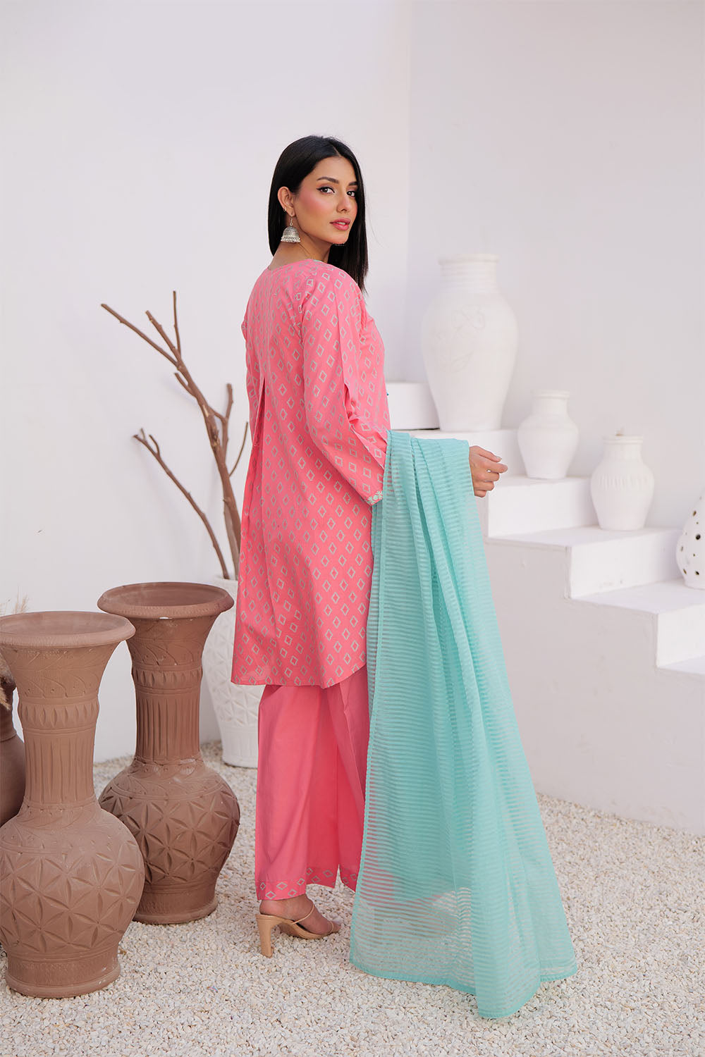 Senorita Women RTW Women Printed T. Pink and Sea Green Casual 3 Piece Suit Cotton Jacquard LAD-02966 - Summer Collection