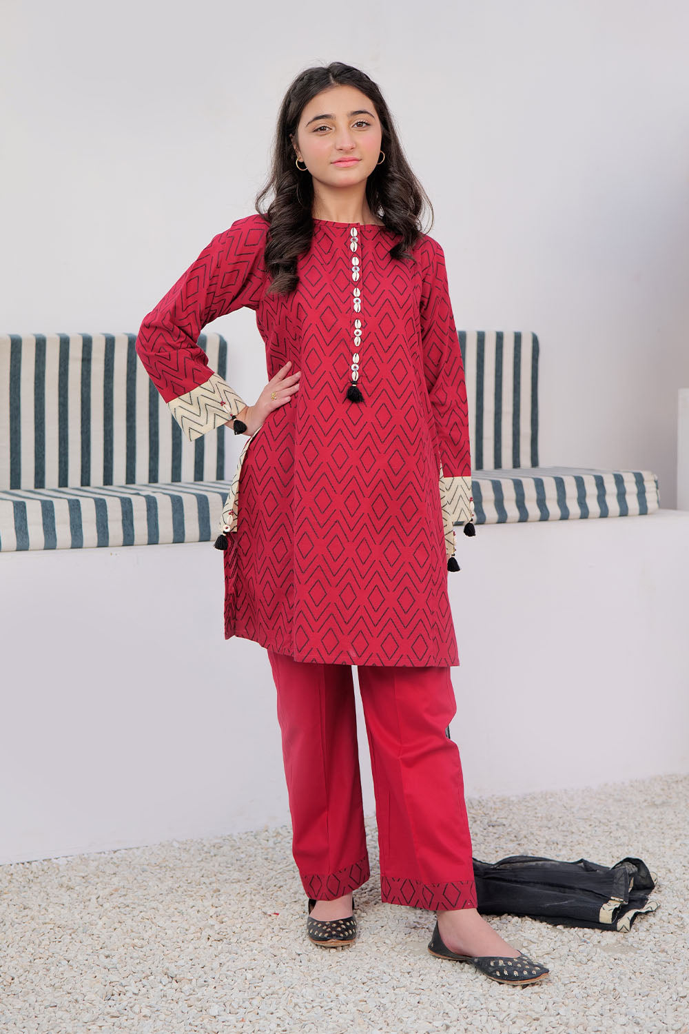 Senorita Girls Ready to Wear Girls Red and Black Casual 3 Piece Suit Cotton Jacquard Solids GAD-03004 - Summer Collection
