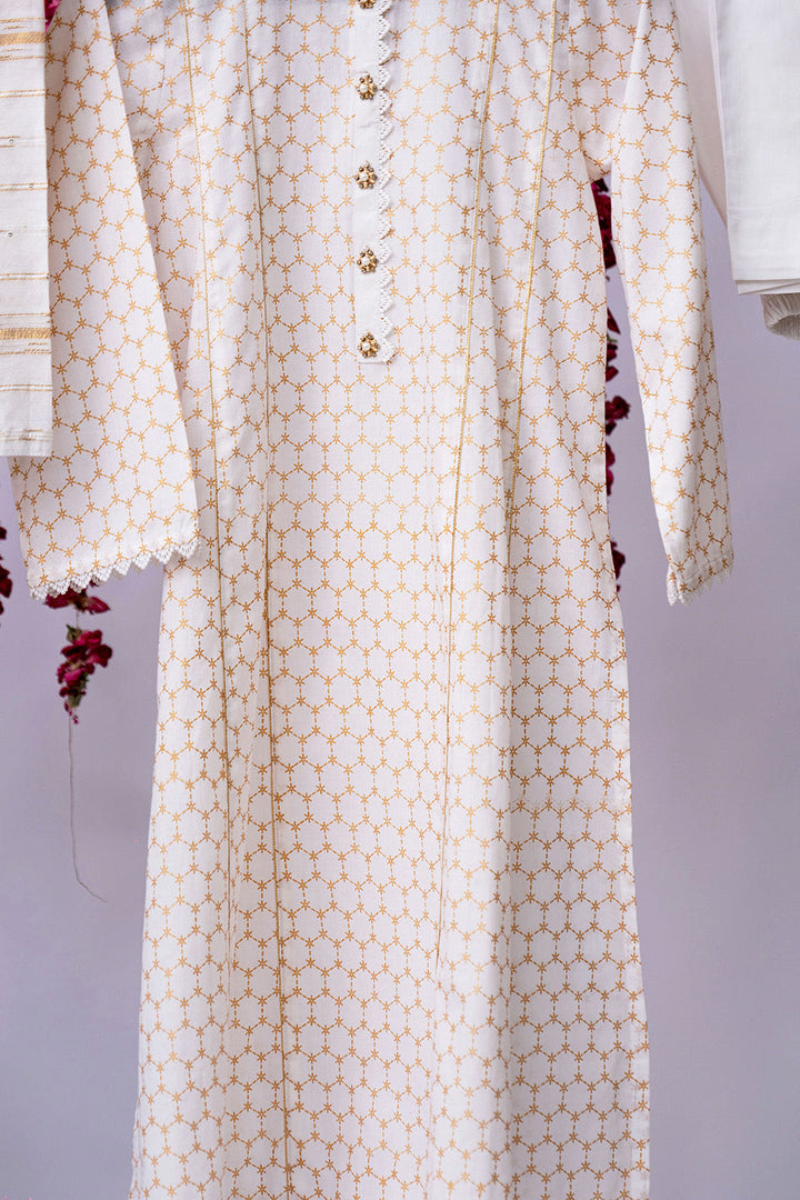 Senorita Girls Ready to Wear Girls White and Gold Casual 3 Piece Suit Cotton Cambric Printed GAD-02713 - Summer Collection
