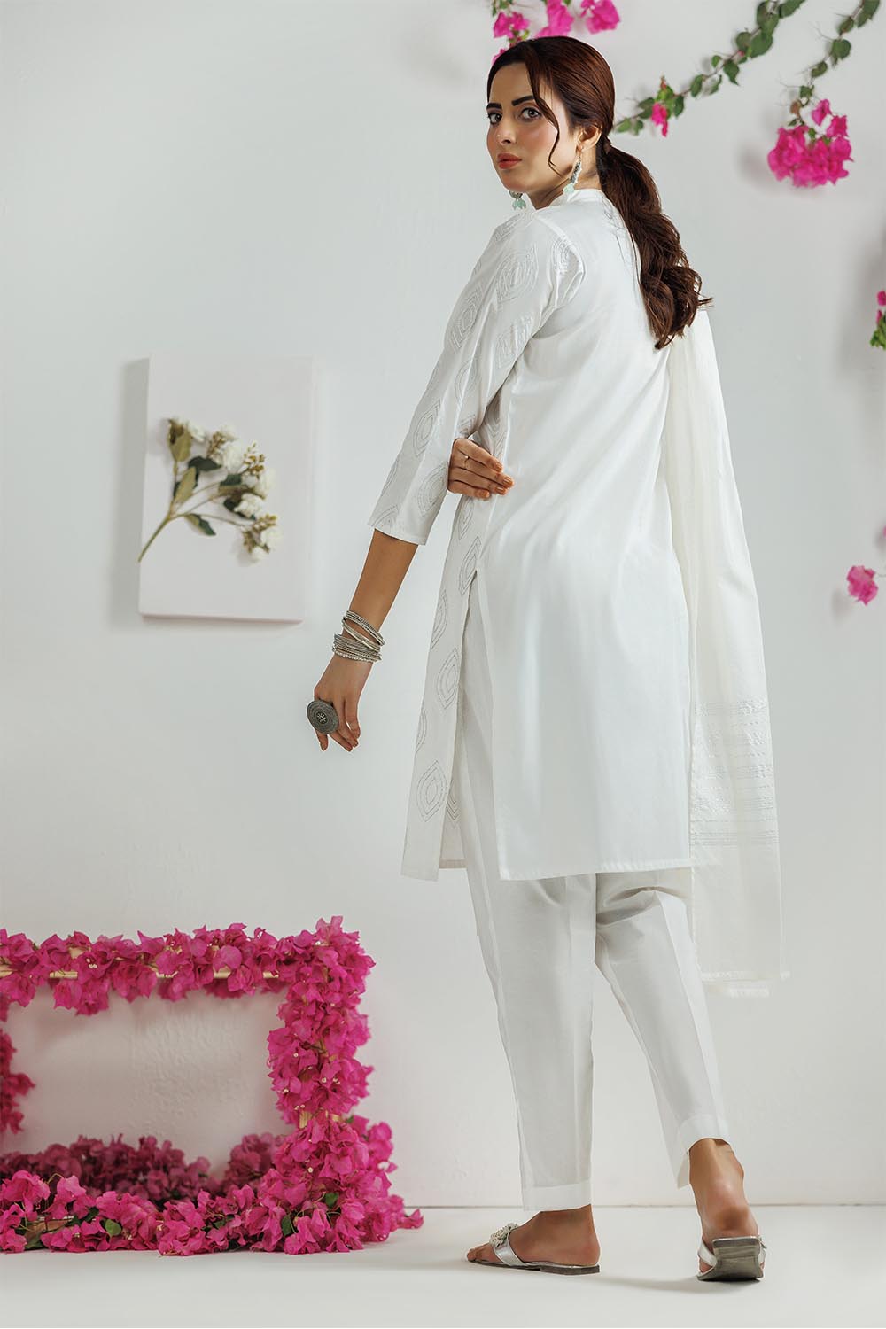 Senorita Women RTW Women Printed White and silver Casual 3 Piece Suit Plain Cotton LAD-03114 - Summer Collection
