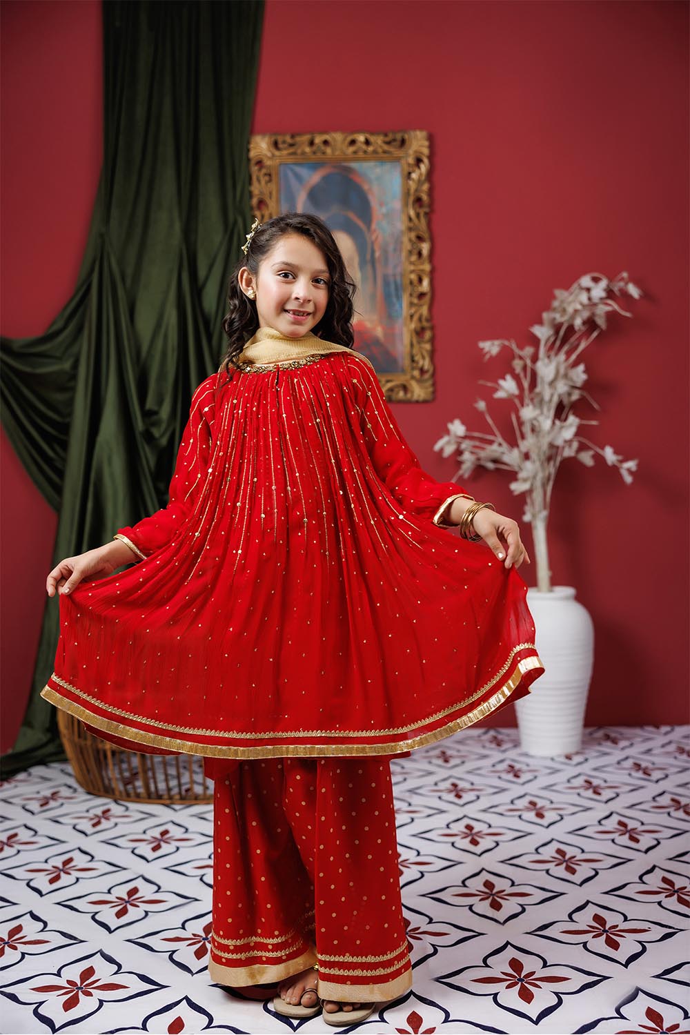 Senorita Kids RTW Kids formal clothes Red and Gold Formal 3 Piece Suit Viscose Crinkle Chiffon KDD-03068 - Summer Collection