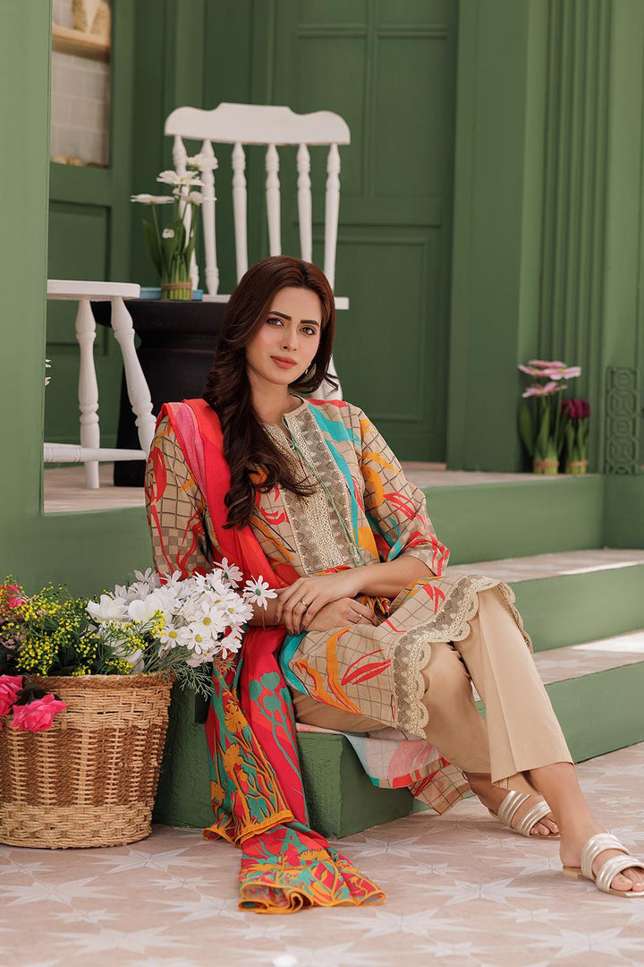 Senorita Women RTW Women Fawn and Multicolor Casual 3 Piece Suit Cotton Lawn Printed LAD-03039 - Summer Collection