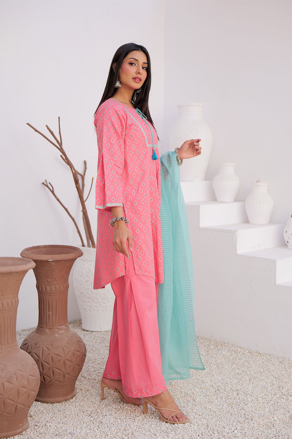 Senorita Women RTW Women Printed T. Pink and Sea Green Casual 3 Piece Suit Cotton Jacquard LAD-02966 - Summer Collection