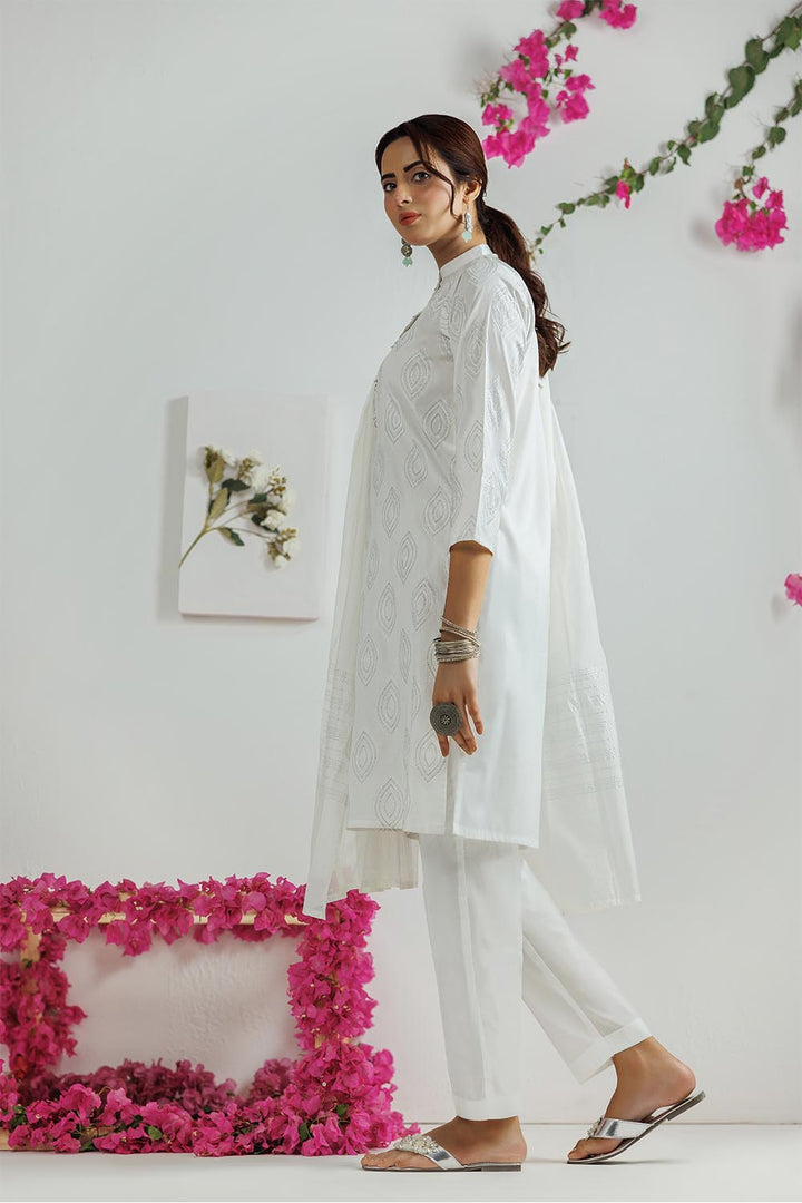 Senorita Women RTW Women Printed White and silver Casual 3 Piece Suit Plain Cotton LAD-03114 - Summer Collection